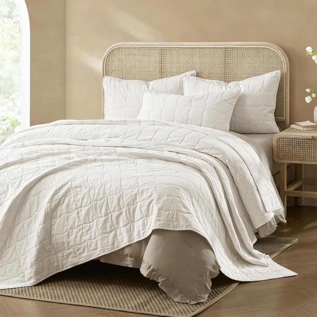 Wonderful Natural Linen Cotton Quilt - Skin-Friendly Breathable & Hypoallergenic Quilt Queen, 3 Piece Wavy Box Stitched White Bedding Set, All-Season Use Bedspread & Coverlet Bedding, 94"x94"