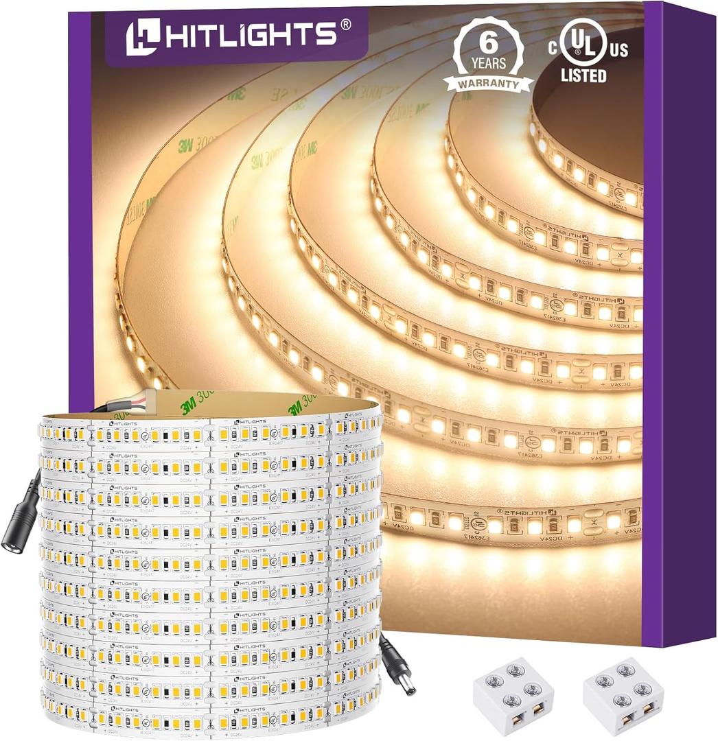 HitLights LED Strip Lights Warm White 2700K, 16.4ft Premium High Density 24V Tape Light, 600 LEDs, 426 LM/FT, CRI 90+, IP30, Lighting for Kitchen, Under Cabinets, UL Listed (Power Source Not Included)
