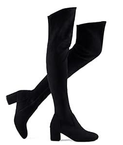 Shoe'N Tale Women Stretch Suede Chunky Heel Thigh High Over The Knee Boots(6.5, Black-Mid Heel)