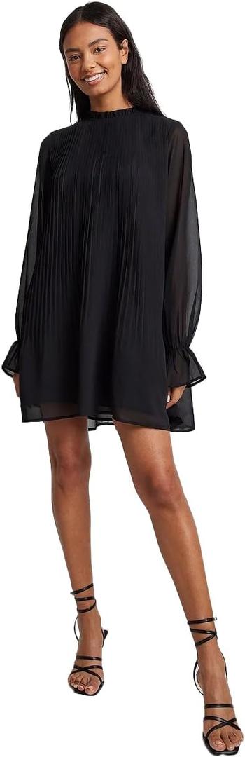 Elina fashion High Frill Neck Drawstring Waistline Long Sleeves with Buttoned Cuffs Dresses (Large, Black 2)