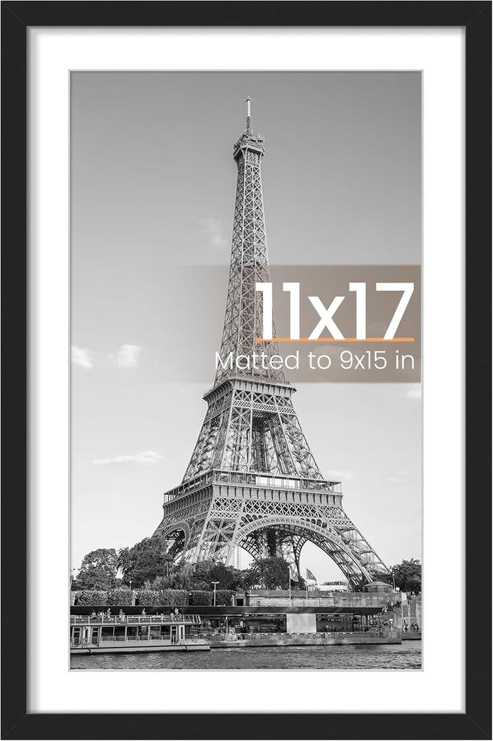 Upsimples 11x17 Picture Frame, Display Pictures 9x15 with Mat or 11 x 17 Without, Wall Hanging Poster Frames, Black, 1 Pack