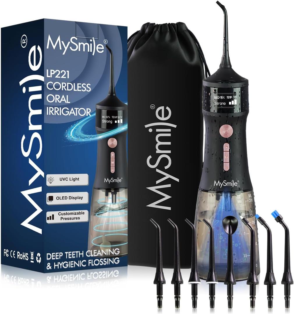 MySmile LP221 UVC Sterilizable Cordless Water Flossers for Teeth 335ML Portable OLED Display Dental Flosser with 4 Modes 8 Jet Tips and a Storage Pouch for Home and Travel 