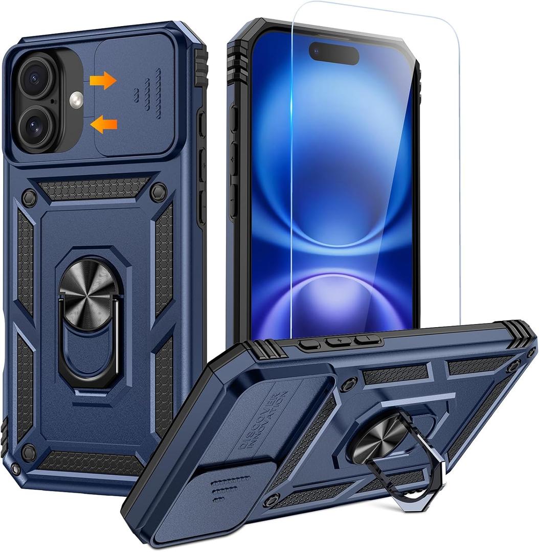 Goton Compatible for iPhone 16 Plus Case with Screen Protector - Slide Camera Cover Protective Phone Case with Ring Stand, Heavy Duty Shockproof Rugged Bumper for iPhone 16 Plus Accessories Blue