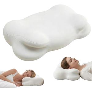 Cloud Pillow, Ergonomic Memory Foam Cervical Neck Support Pillow with Breathable Pillowcase, Adjustable Dual-Height Design for Side Back Stomach Sleepers (White)