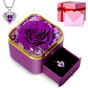 Mothers Day Flower Gifts for Mom,Preserved Purple Real Rose with Purple Necklace,Forever Flowers Rose Gifts for Women Mom Wife Girlfriend on Mothers Day Valentines Anniversary Birthday Gifts for Women