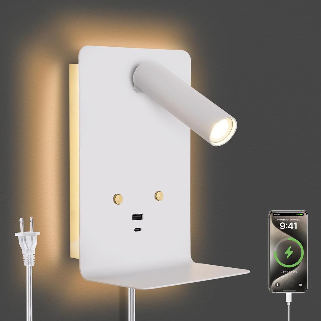 ZEROUNO LED Wall Lamp with USB-C/A Ports & Adjustable Headboard - Dimmable Reading Light, Backlight Night Wall Mounted, Touch Control Bedroom Lighting for Bedside, Living Room, Study, Hallway (White)