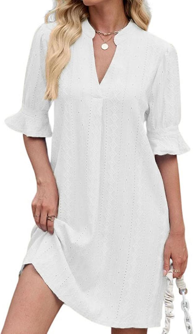 PerZeal Shirts Dress for Women V Neck Short Sleeves Casual Flowy Summer Beach Vacation Shifts (X-Large, 6330 White)