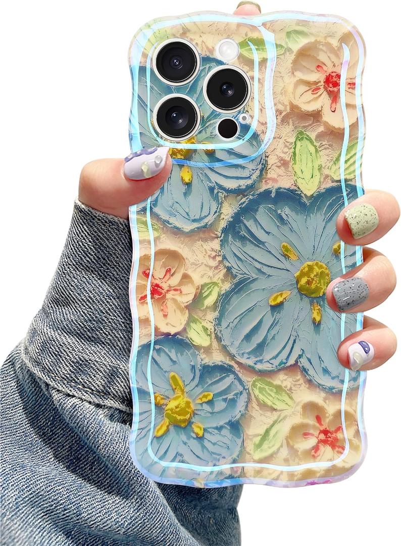 Jusy Compatible with iPhone 14 Pro Max, Colorful Retro Oil Painting Printed Flower Laser Glossy Pattern Cute Curly Wave Phone Case Soft TPU Cover for Girly Women - Blue