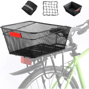 Rear Bike Basket with Liner,Large Bicycle Basket with Waterproof Cover,Bicycle Rear Basket with Cargo Net,Great for Bike Trip,Carrying Grocery and Some Heavy Load
