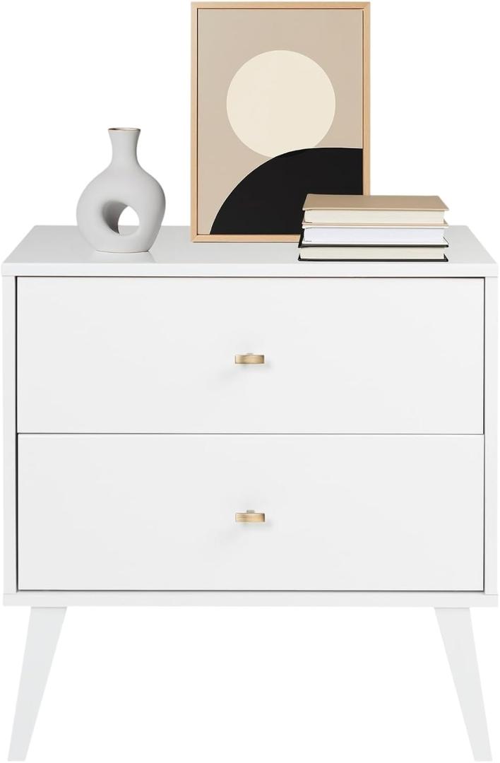 Prepac Milo Mid-Century Modern 2 Drawer Nightstand, Bedside Table, Contemporary Bedroom Furniture, 16"D x 25"W x 25"H, White