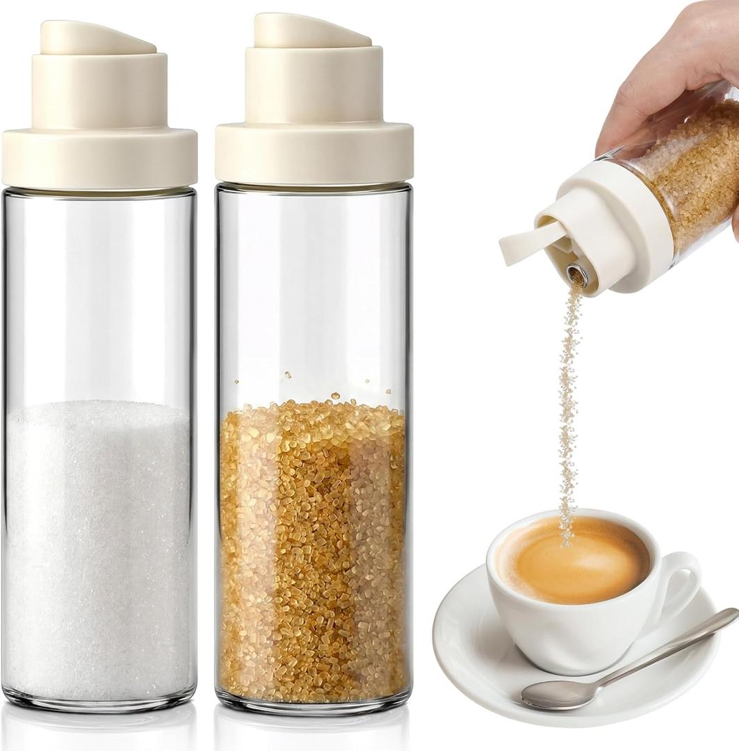 LemonRoad 2 Pcs 16.9 oz Glass Sugar Dispenser with Pour Spout for Sugar, Coffee, Large Capacity Sugars Container Anti-slip Ribbed Design Glass Jars for Salt Kitchen Baking (White)