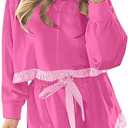 MISSACTIVER Ruffle 2 Piece Sets For Women Long Sleeve Color Block Crop Sweatshirt Drawstring Shorts Fall Patchwork Lounge Set(size M)