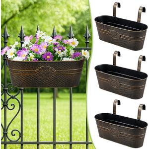 3 Pcs Large Balcony Planters Railing Hanging Flower Pots- 16.2 Inch Metal Railing Planter Box Fence Planters for Outdoor Plants with Detachable Hooks and Drain Holes for Garden Decor (Retro-3pcs)