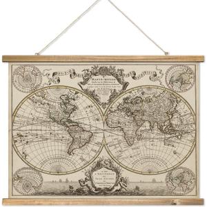 XIAOAIKA Vintage 17th Century World Map Print on Linen with Wooden Hanger, Retro Double Hemisphere Wall Decor for Home and Office, Amsterdam Edition, 39 x 29 Inches