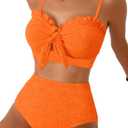 Herseas Women's Seashell Textured Bikini Sets Knotted Front 2 Piece Swimsuits Ruffle Trim Bathing Suits (Orange, M)