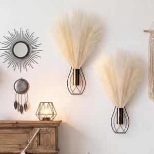 Otoolling 2 Pieces Hanging Plant Wall Decor with Artificial Pampas Grass Metal Hanging Vase Modern Geometric Farmhouse Bohemian Wall Art for Living Room Bedroom Kitchen Bathroom Office (Black, Beige)