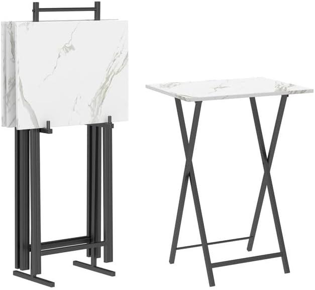 HOOBRO Folding TV Tray Tables, Set of 4 TV Trays with Storage Rack, Industrial Side Table for Eating at Couch, Foldable Snack Table for Small Space, Easy Assembly, White and Black BW50BZ01