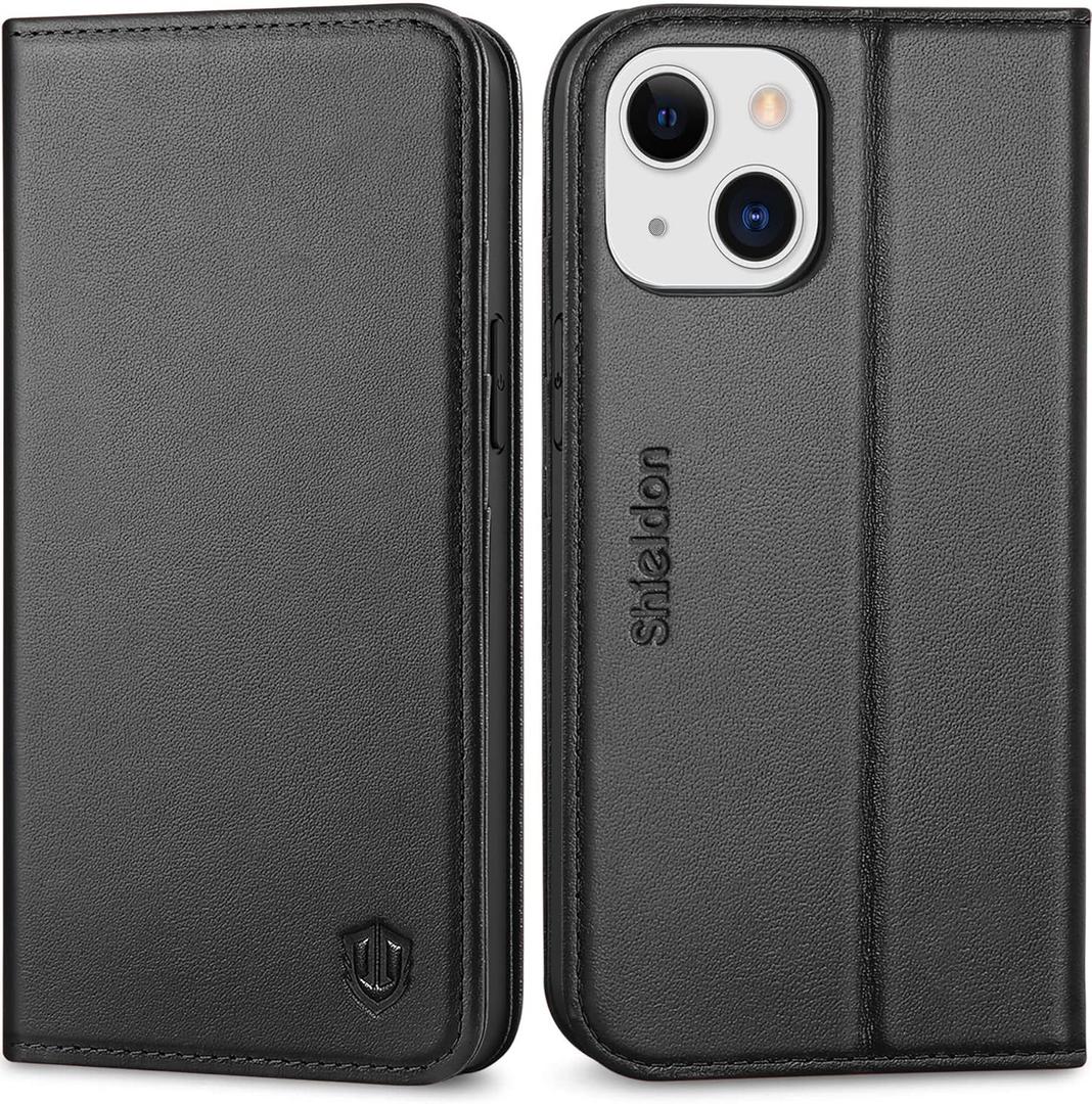 SHIELDON Case for iPhone 13 Mini 5G, Genuine Leather Wallet Folio Magnetic Closure RFID Blocking Card Slots Kickstand Protection Cover Compatible with iPhone 13 Mini (5.4") - Black