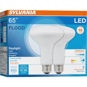 SYLVANIA LED Flood BR30 Light Bulb, 65W=8W, 10 Year, Medium Base, 650 Lumens, Dimmable, 5000K, Daylight - 2 Pack (73956)