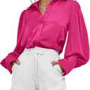 BTFBM Women Satin Button Down Shirts Summer Spring Lantern Long Sleeve Lapel V Neck Blouse Loose Casual Office Work Tops, Size S