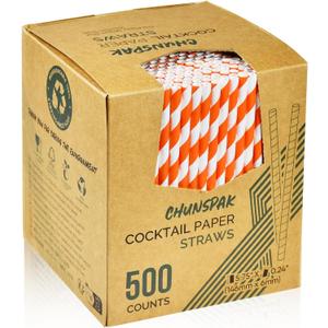 5.75 inch Orange Paper Cocktail Straws, Short Disposable Drinking Straws 500 Counts, Unwrapped - Compostable