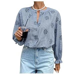 GORGLITTER Women's Boho Peasant Tops Gingham Floral Embroidered Flounce Long Sleeve Button Up Shirt Casual Blouses Blue X-Small