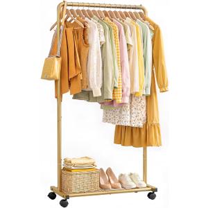 Clothes Rack - Clothing Rack with Storage Mesh Shelf & Casters, Heavy-Duty Metal Clothing Rack for Hanging Clothes, Dresses, Coats, Large Load Capacity, Easy Assembly, Gold, 28.0"x16.9"x59.0"