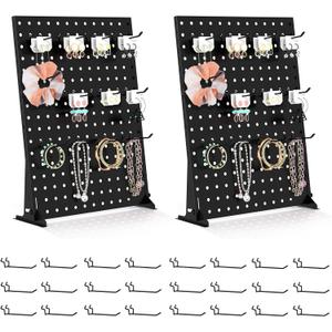 Urban Deco Portable & Adjustable Peg Board Display Stand | 17x13 Inch with 12 Hooks | Small Pegboard Quick-Setup, Metal Jewelry Organizer for Retail Stores, Craft Shows & Vendor Events (2-Pack, Black)
