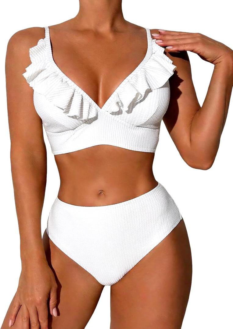 ZAFUL Women's Ruffle Bikini Sets High Waisted Striped V Neck High Cut Swimsuit Two Piece Bathing Suits (White, L)