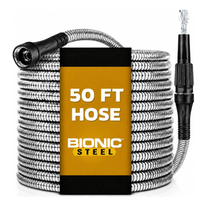 BIONIC STEEL 50 Ft Metal Garden Hose with Sprayer Nozzle, Non Kinking Designed Stainless Steel Heavy Duty Water Hose 50Ft x 5/8 in. Ultra Flexible NON Expandable for Uninterrupted Water Flow, 500 PSI