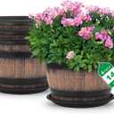 Quarut Large Plastic 4 Pack14 inch Plant Pots,Whiskey Barrel Planters with Drainage Holes & Saucer.Flower Pots Imitation Wine Barrel Design for Indoor & Outdoor Garden Balcony Plants.5 Gallons(Brown)