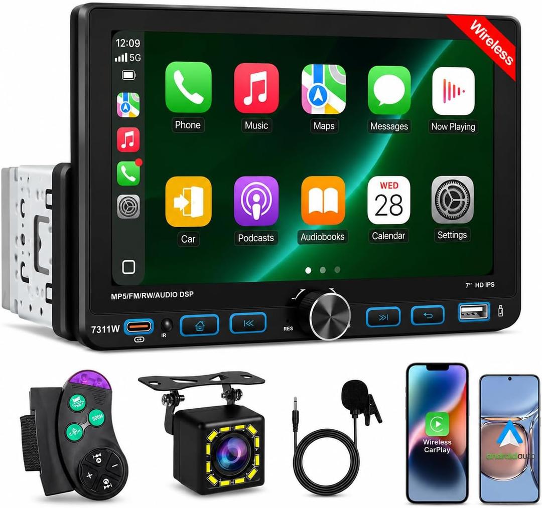 7" Single Din Car Stereo with Wireless Apple CarPlay,IPS Touchscreen,Bluetooth 5.2 Car Radio with Backup Camera,FM/AM/RDS,Android Auto,SWC,GPS Navigation,USB,Type-C Fast Charging