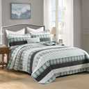Homzard 100% Cotton Quilts Queen SizeTeal Black Beige Queen Quilt Bedding Set,Farmhouse Plaid Striped Bedspread Set,Lightweight Breathable Comforter Reversible Coverlet All Season 3 Pieces | Oeko-Tex Certified