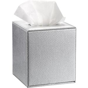 Sumnacon Tissue Box Cover Square Tissue Box Stylish PU Tissue Box Holder with Magnetic Bottom, Leather Cube Tissue Cover for Living Room Bathroom Bedroom Table Desk Home Office Car, Silver
