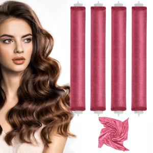 Heatless Curlers, No Heat Hair Curlers to Sleep In for Overnight Curls, Comfortable Hair Curlers to Sleep In, Overnight Heatless Curling Kit with Satin Headscarf, For All Hair Types - 4Pcs Rose-Red