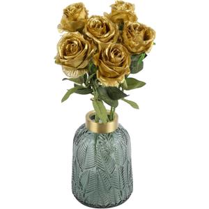 IPOPU 6PCS Gold Silk Lop-Sided Rose Artificial Flower with Long Stem Fake Leaf Roses, Artificial Long Stem Fake Roses Suitable for DIY Wedding, Home Decoration and Outdoor Party.