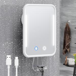 Gospire Heated Shaving Mirror for Shower Fogless with Light, Rechargeable Battery and Adjustable Brightness, Suction Cup and Razor Holder, Removable & NO-Drilling, Waterproof for Bathroom (White)