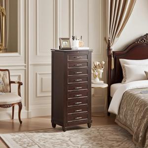 41in Dark Brown Jewelry Armoires,Full Locking Jewelry Armoire With Mirror,Extra Large Jewelry Cabinet With 9 Drawers For Women,Suitable As A Holiday Gift For Friends