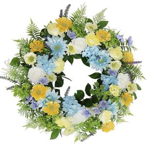 Faux Silk Cherry Blossom Flower Spring Summer Easter Wreath 24-26" for Front Door  Pink Purple Yellow Plum Blossom Green Eucalyptus Leaves  Farmhouse Front Porch Decor, Outdoor Indoor Use
