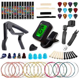 60PCS Acoustic Guitar Accessories Kit Including Guitar Strings, Tuner, Capo, 3-in-1 Restring Tool, Pick Holder, Bridge Pins, Nuts & Saddles, Finger Protector, Finger Picks, Fretboard Stickers