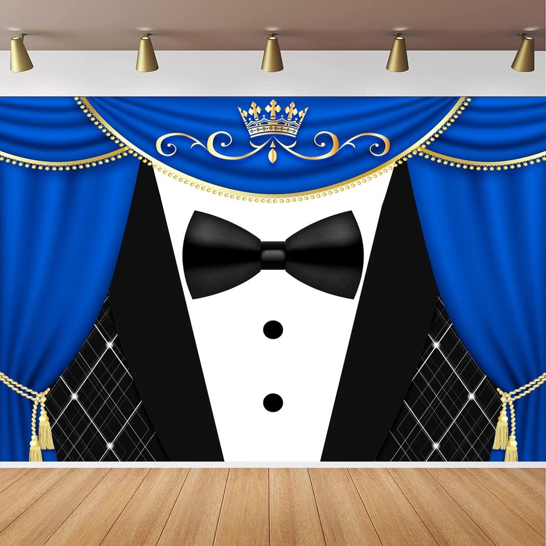 Tuxedo Backdrop 10x6.5FT Blue Curtain Crown Gentleman Birthday Party Background for Photography, Father or Boss Birthday Party Decorations Banner