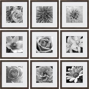 eletecpro 12x12 Picture Frames Set of 9 with Mat for 8x8 Photos or without Mat for 12x12, Square Gallery Wall Decor Collage for Picture Display, Walnut Brown Frame Set for Wall Hanging
