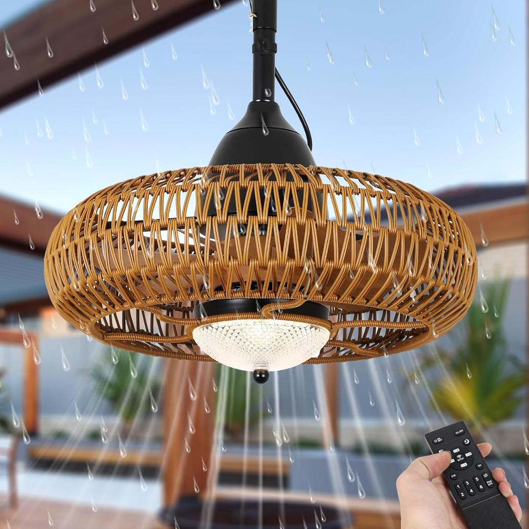 Airposta Waterproof Outdoor Ceiling Fan with Lights Remote Control, Wet Rated Gazebo Fan with 3 Color Temperatures&Dimmable LED Light, Boho Rattan Plug in Ceiling Fan for Indoor Bedroom/Outdoor Patios (Brown)