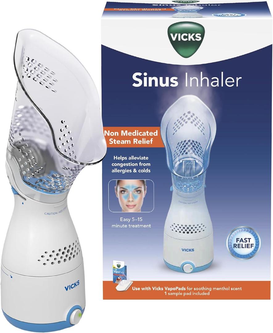 Vicks Sinus Inhaler - Non-Medicated Steam Relief for Allergies, Congestion, Cough & Colds, Facial Steamer, Soothes Nasal & Throat Passages, Use with VapoPads (1 Included), FSA & HSA Eligible