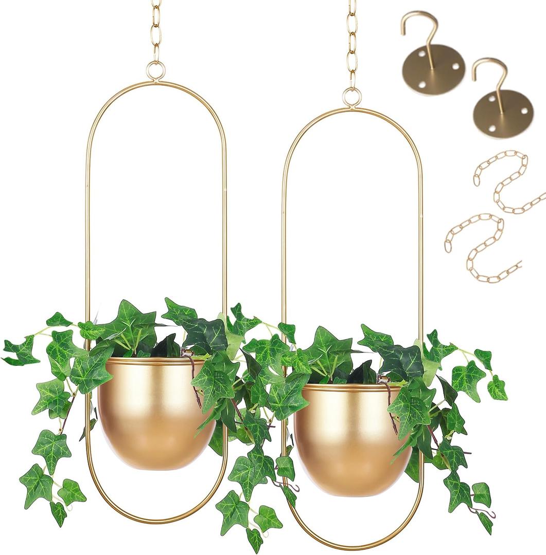 Shineloha 2 Pack Gold Hanging Planter with 5.5" Pot, Gold Plant Hanger, Large