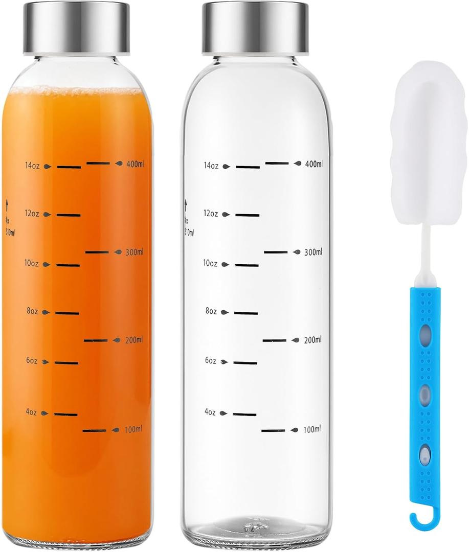 Glass Juice Bottles with Lids Set of 2, 17 oz Reusable Glass Water Bottles with Stainless Steel Caps, BPA Free,Leak Proof,Dishwasher Safe,for Refrigerator, Juicing, Iced Coffee, Cold Brew