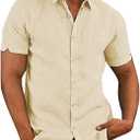 JEKAOYI Button Down Short Sleeve Linen Shirts for Men Summer Casual Cotton Spread Collar Beach Shirts (Beige, X-Large)