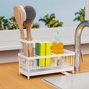 Sponge Holder for Kitchen Sink with Auto Draining Tray,Kitchen Sink Caddy Organizer with Brush Holder, Rustproof 304 Stainless Steel Dish Organizer Divider, Soap Dispenser Storage (White)