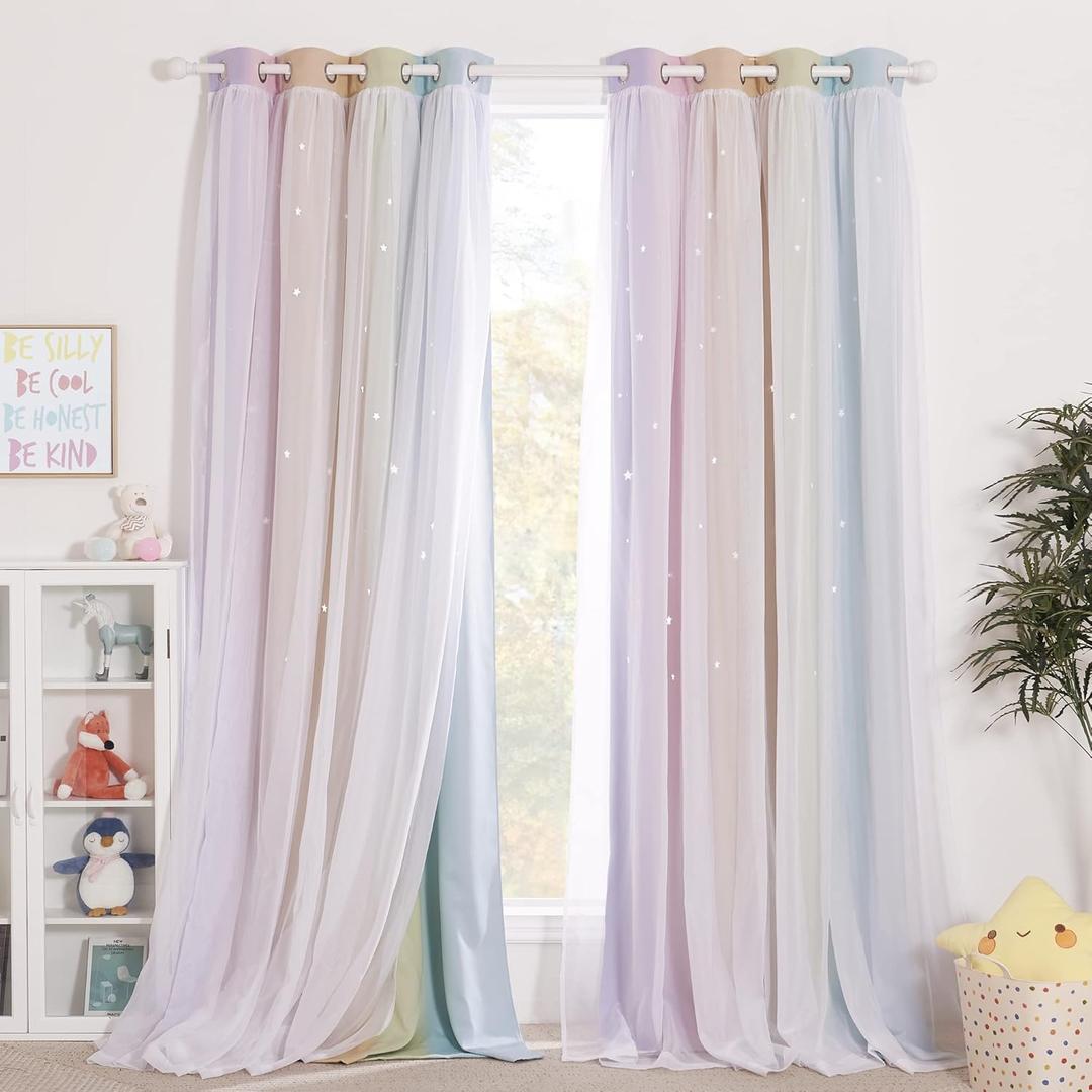 NICETOWN Kids Curtains Teen Girl Bedroom Decor, Stars Cut Out Rainbow Stripe Blackout Drapes with Sheer Curtains 63 inch Length for Living Room/Nursery (2 Panels, 52 inches Wide, Rainbow) (52"W x 63"L (Pack of 2), Rainbow-1)