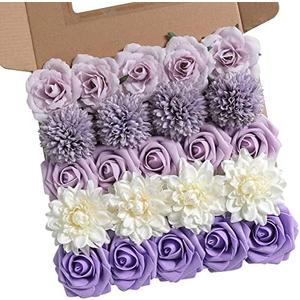 Pack of 2 rongflower Artificial Flowers Combo Box Set Gradient Color Flower Leaf with Stems for DIY Wedding Bouquets Centerpieces Baby Shower Party Home Decor (Gradient Purple) 